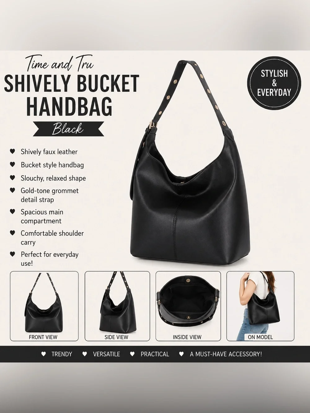 NWT Time and Tru Black Shively Bucket Handbag